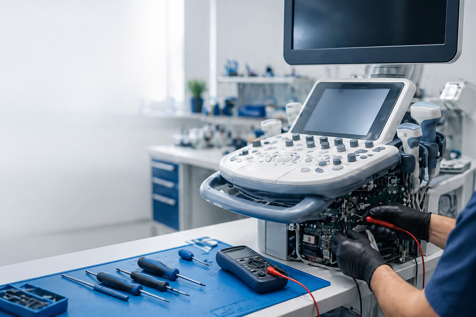 T&eacute;cnico realizando manuten&ccedil;&atilde;o preventiva em equipamento de ultrassom