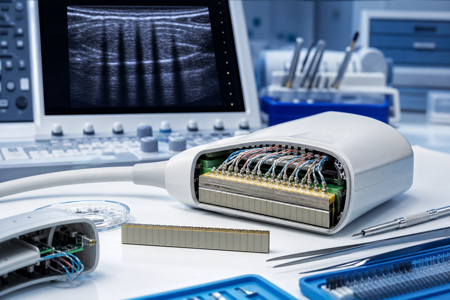 Reparo de cristais piezoelétricos de transdutor de ultrassom com linhas escuras na imagem